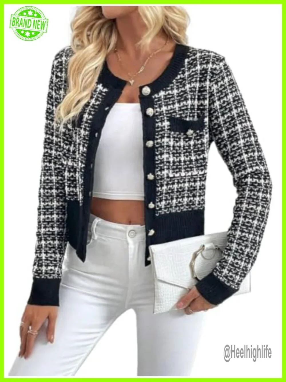 Tweed Plaid Cardigan Blazer Button Front Long Sleeve Knit Jacket